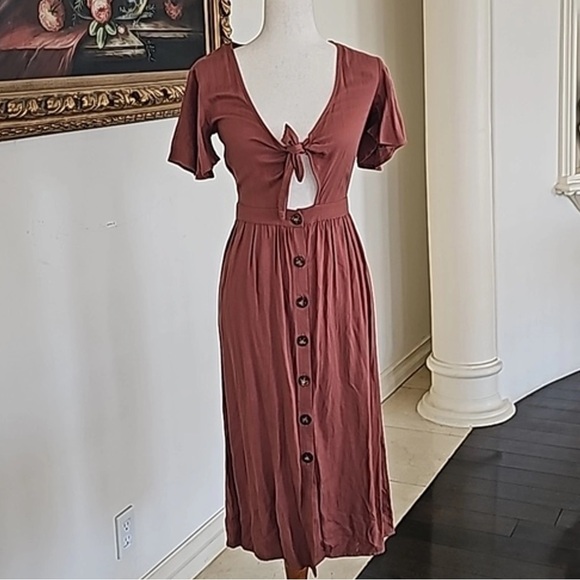 Mimi Chica Terracota Tie Front Buttoned Midi Flutter Sleeve Sundress Size Small - Picture 1 of 6